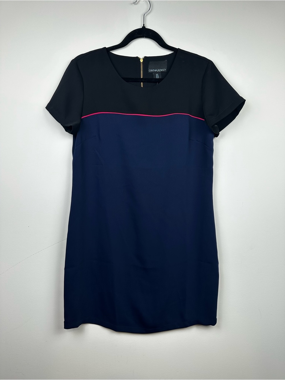 Cynthia Rowley Navy Shift Dress with Black Yoke and Pink Piping